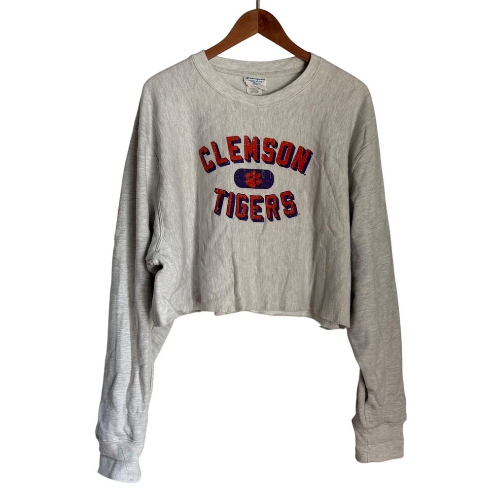 VTG Champion Reverse Weave Clemson Tigers Sweatshirt Womens XL Gray Cropped Y2K